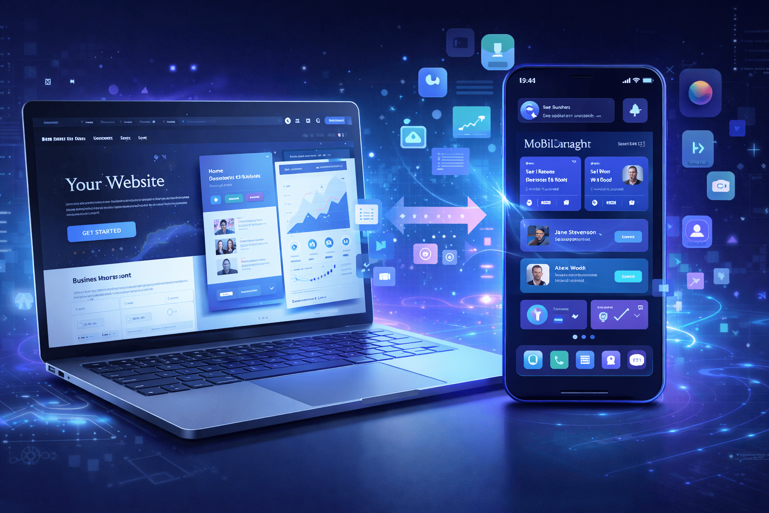 convert website to mobile app illustration showing desktop website transforming into smartphone application interface