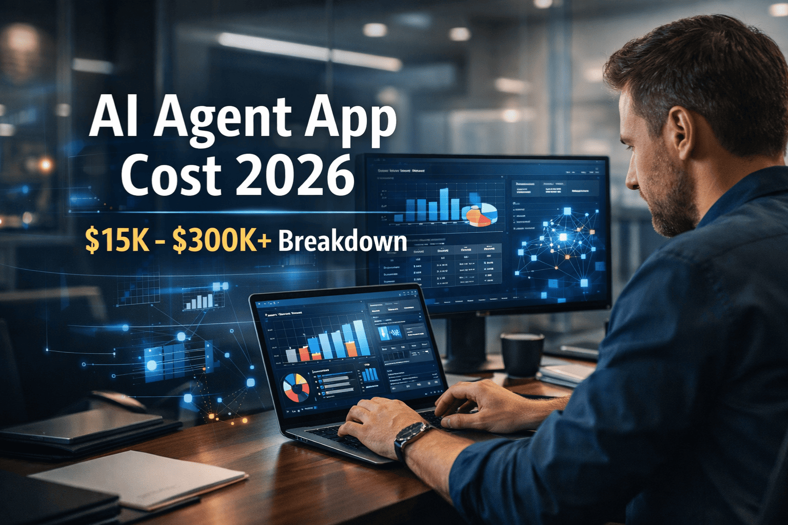 AI agent app development cost 2026 showing pricing breakdown from $15K to $300K with developer analyzing dashboards