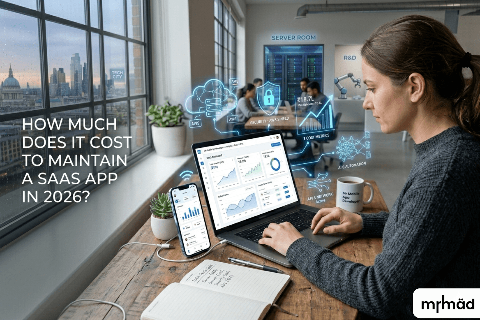A woman developer works at a wooden desk with a laptop and phone, surrounded by glowing data visualizations for cloud security, metrics, and automation. A large text overlay asks, "HOW MUCH TO MAINTAIN DOES IT SAPP IN 2026?