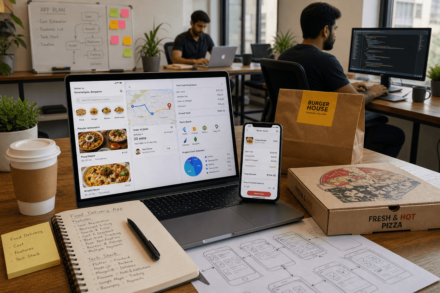 Realistic startup workspace in India showing food delivery app development with laptop UI, smartphone checkout screen, wireframes, and developer working on desktop
