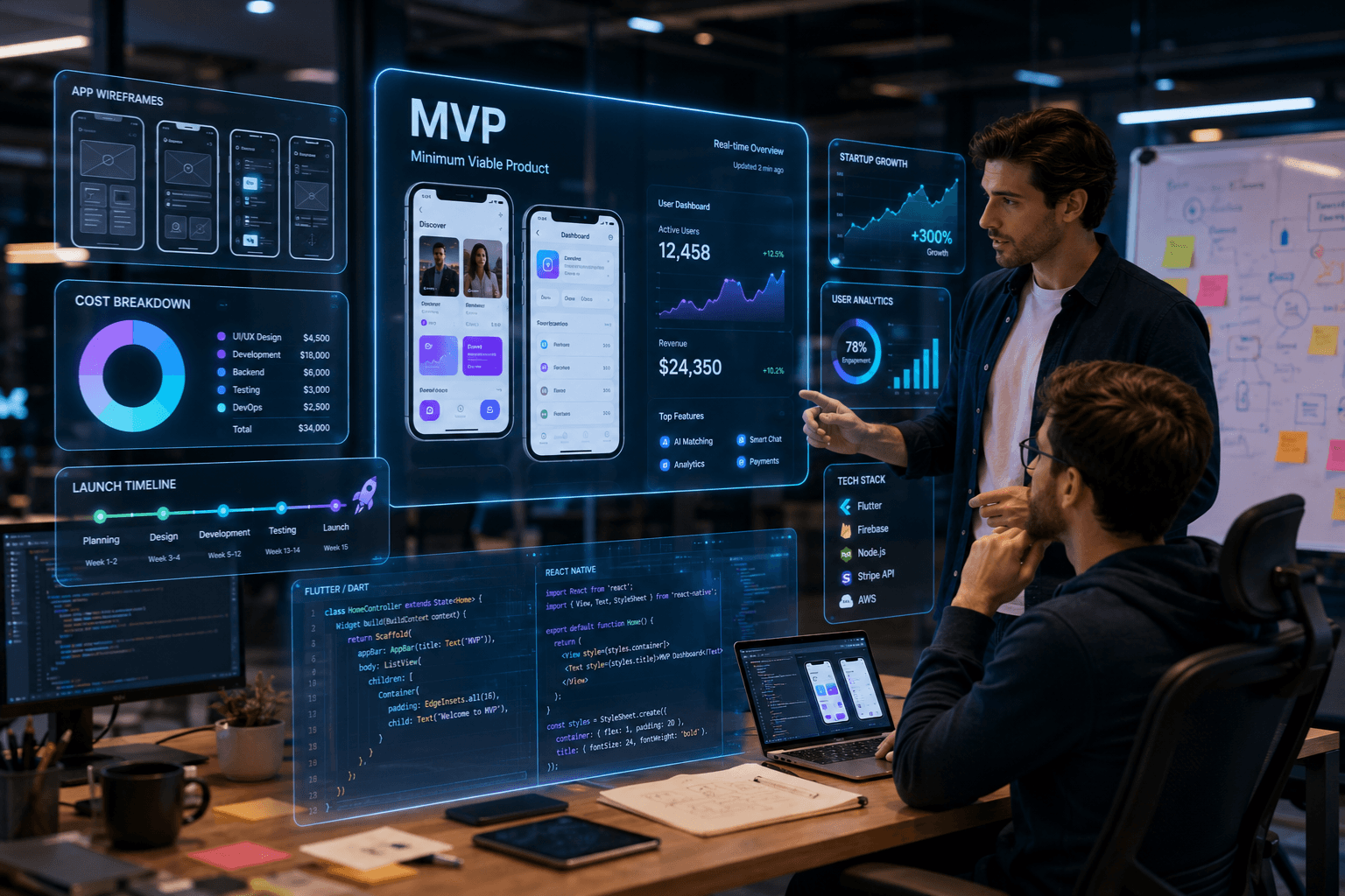 Startup founder and developer building an MVP mobile app in futuristic tech office