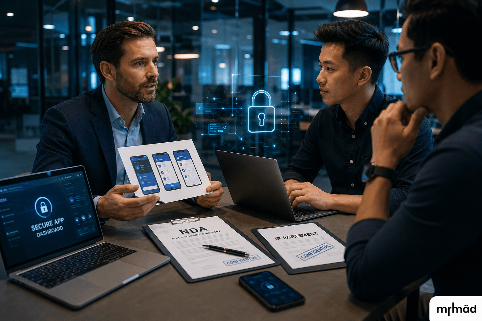 Startup founder discussing a confidential mobile app idea with developers using NDA agreements and secure app mockups in a modern tech office