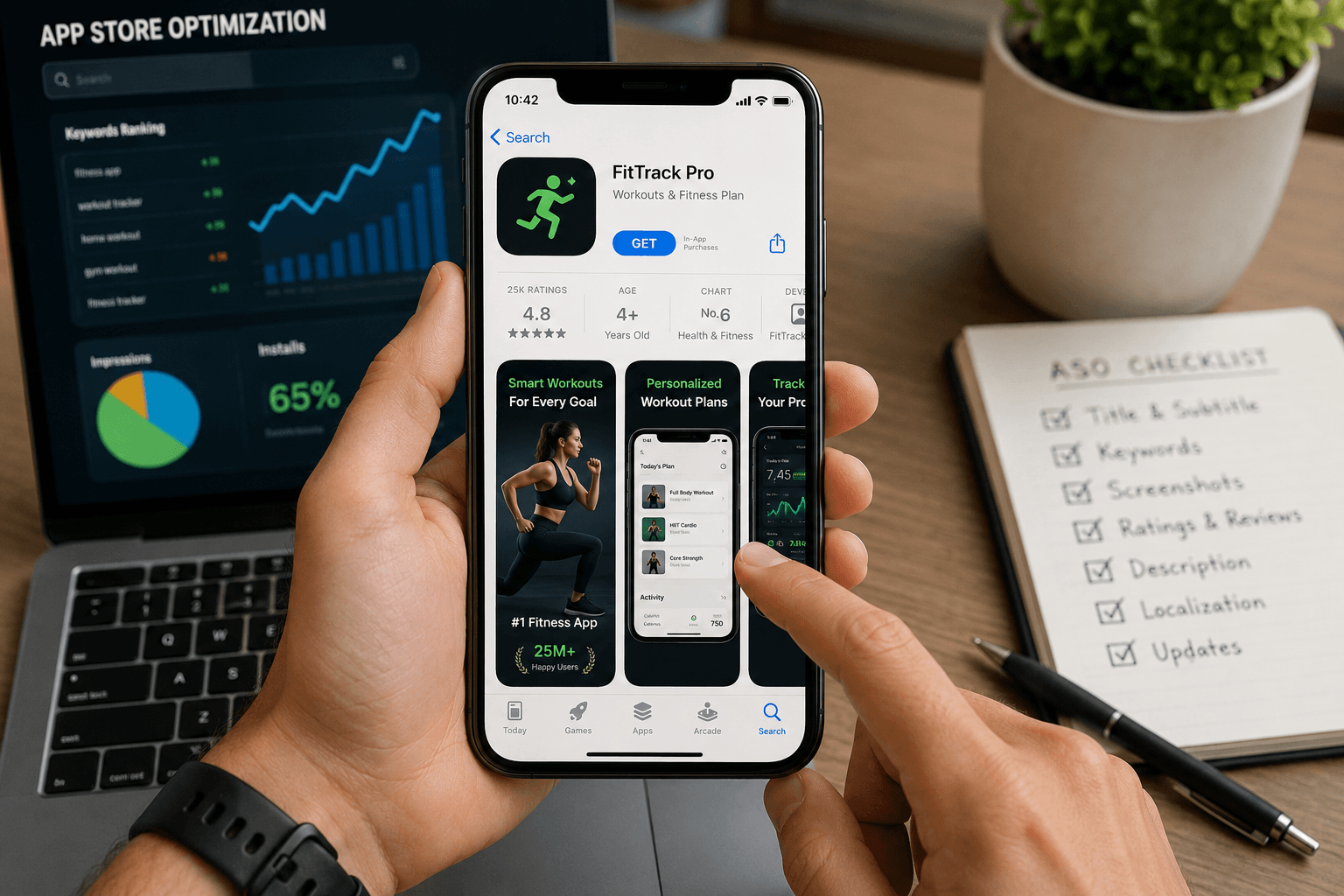 How to optimize your mobile app for the App Store in 2026 showing App Store Optimization (ASO) dashboard, smartphone app listing, keyword rankings, screenshots, ratings, and analytics.