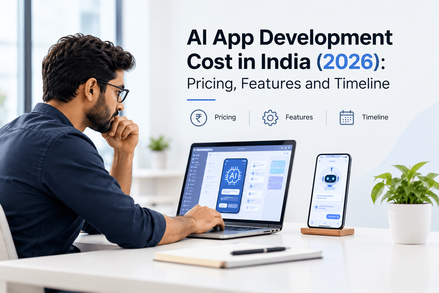 AI app development cost in India in 2026, with pricing, features, and timeline illustrated in a modern workspace